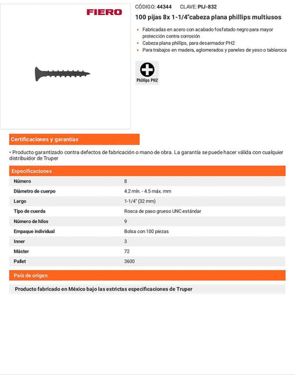 Tornillo gypsum multiusos fosfatada 8 x 1-1/4 pulg