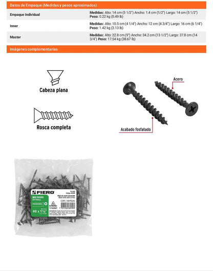 Tornillo gypsum multiusos fosfatada 8 x 1-1/2 pulg