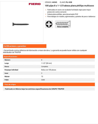 Tornillo gypsum multiusos fosfatada 8 x 1-1/2 pulg