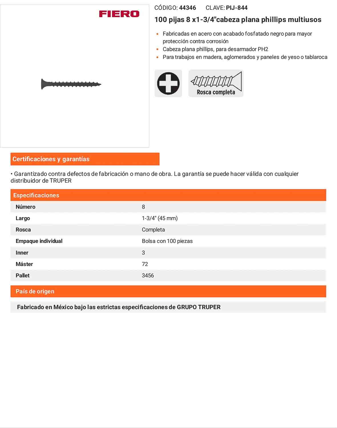 Tornillo gypsum multiusos fosfatada 8 x 1-3/4 pulg