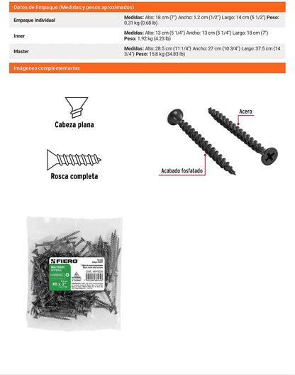 Tornillo gypsum multiusos fosfatada 8 x 2 pulg