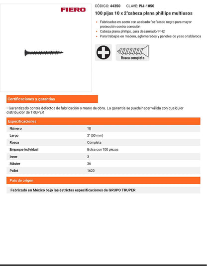 100 Tornillos Multiusos 10 x 2 pulg