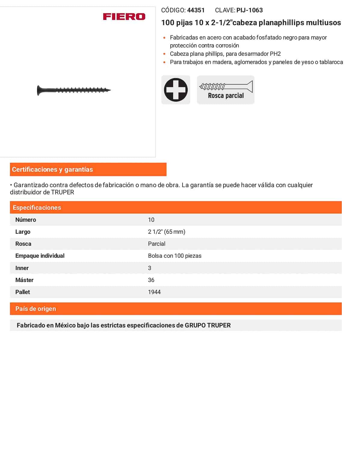 100 Tornillos Multiusos 10 x 2-1/2 pulg