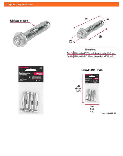 4 Taquetes Expansivos 1/4 pulg con Tornillo