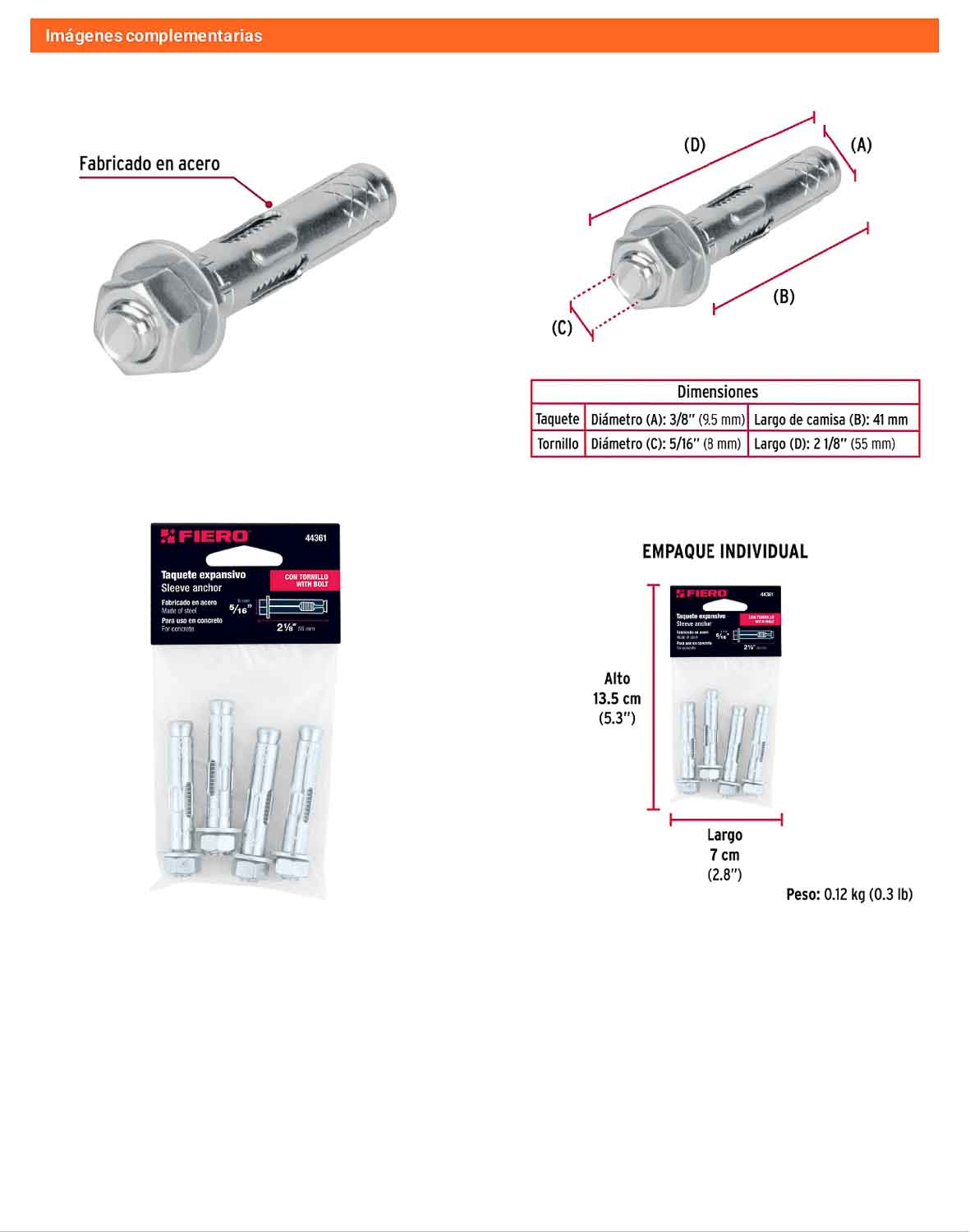 4 Taquetes Expansivos 5/16 pulg con Tornillo