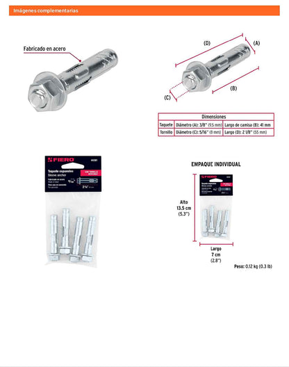 4 Taquetes Expansivos 5/16 pulg con Tornillo