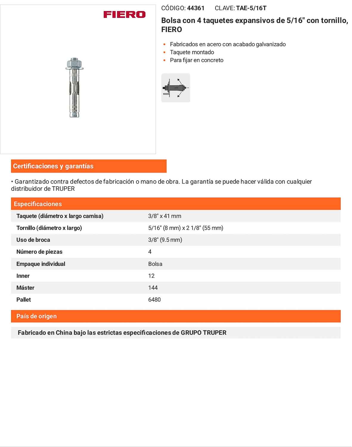 4 Taquetes Expansivos 5/16 pulg con Tornillo