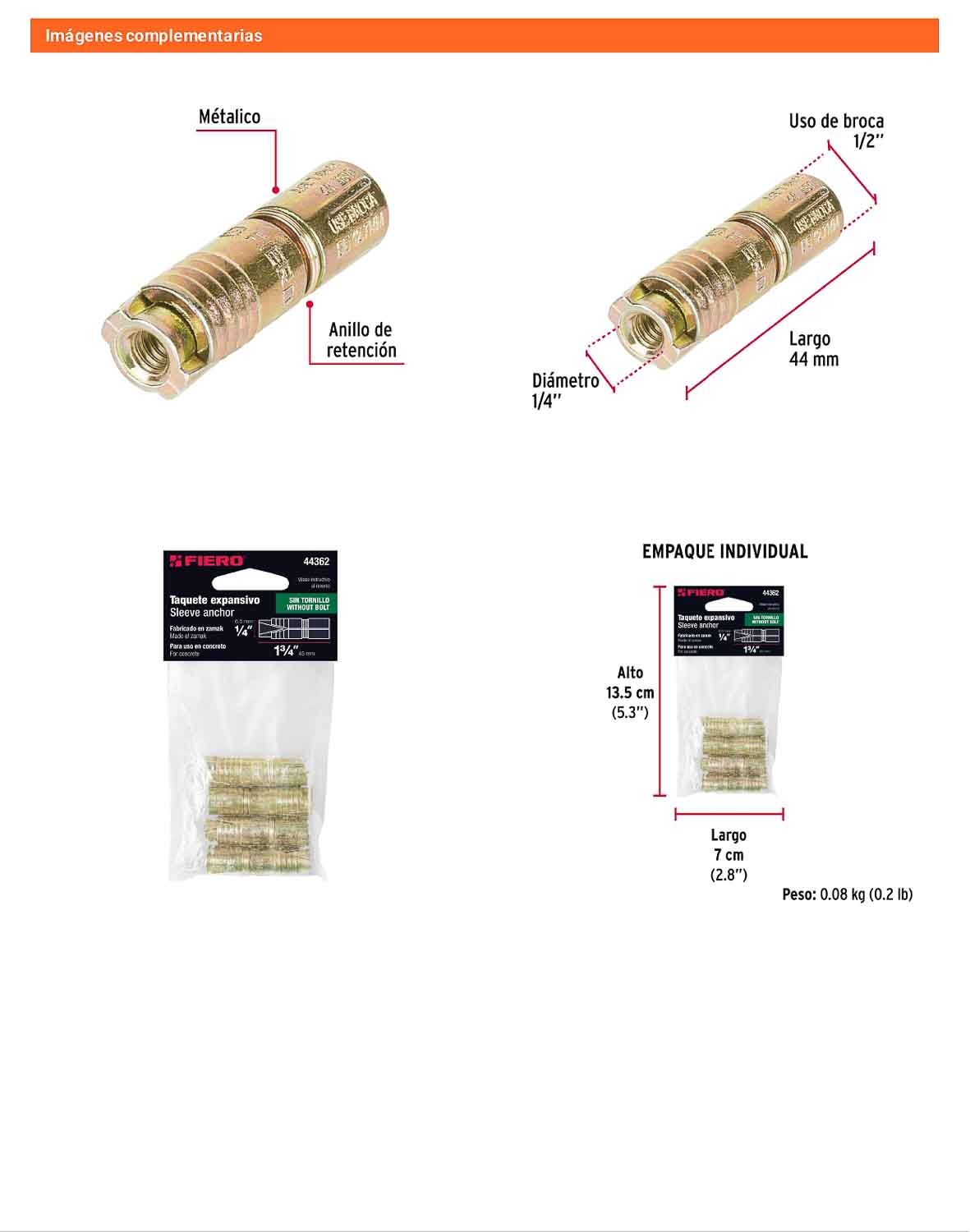 4 Taquetes Expansivos 1/4 pulg sin Tornillo