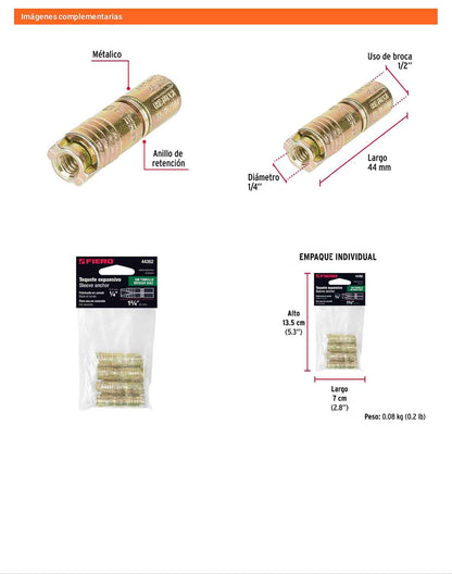 4 Taquetes Expansivos 1/4 pulg sin Tornillo