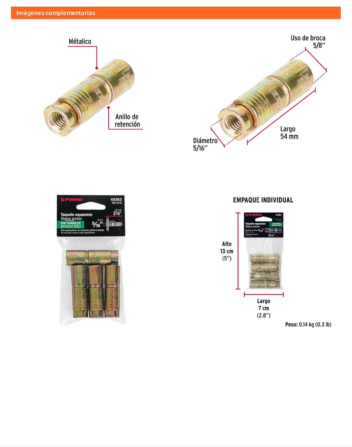 4 Taquetes Expansivos 5/16 pulg sin Tornillo