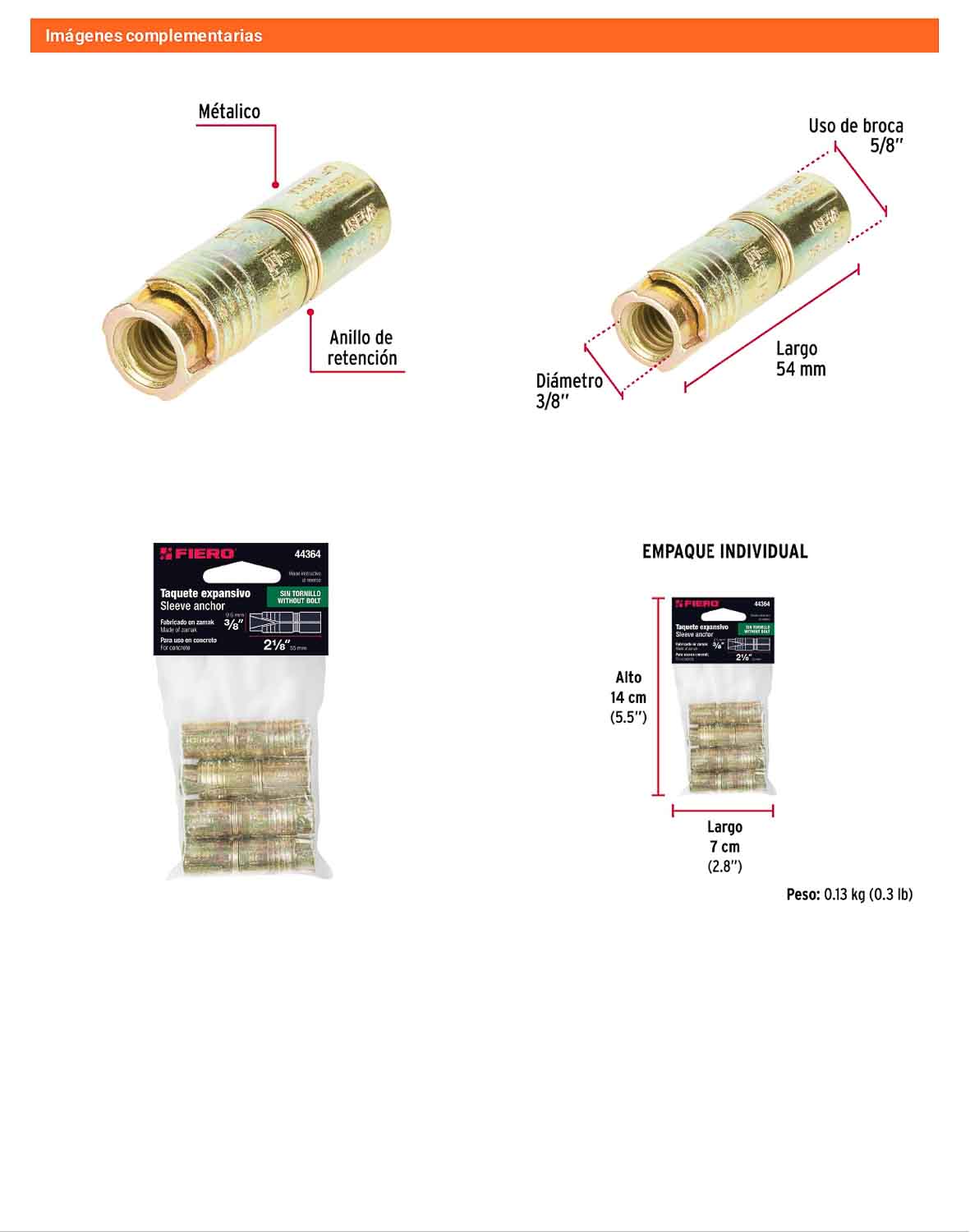 4 Taquetes Expansivos 3/8 pulg sin Tornillo
