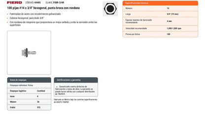 100 Tornillos Hexagonales Punta Broca 14x3/4 pulg