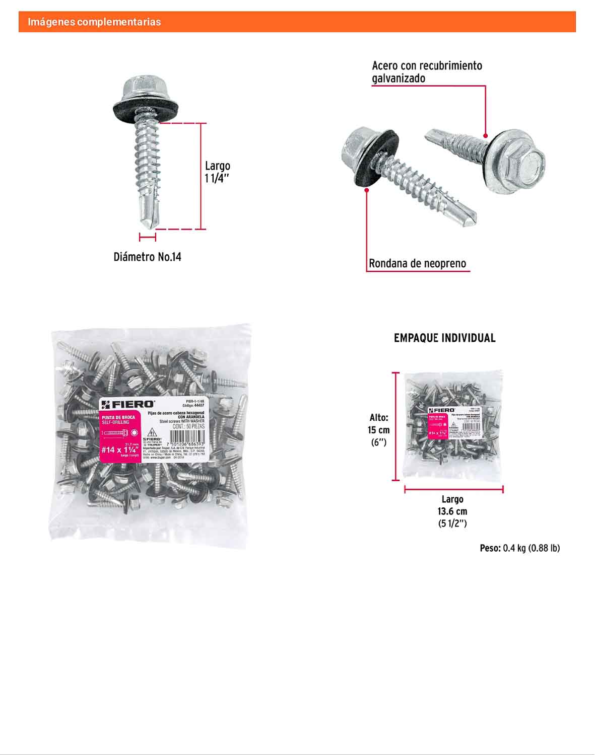 50 Tornillos Hexagonales Punta Broca 14x1-1/4 pulg