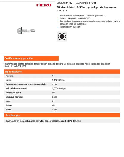 50 Tornillos Hexagonales Punta Broca 14x1-1/4 pulg