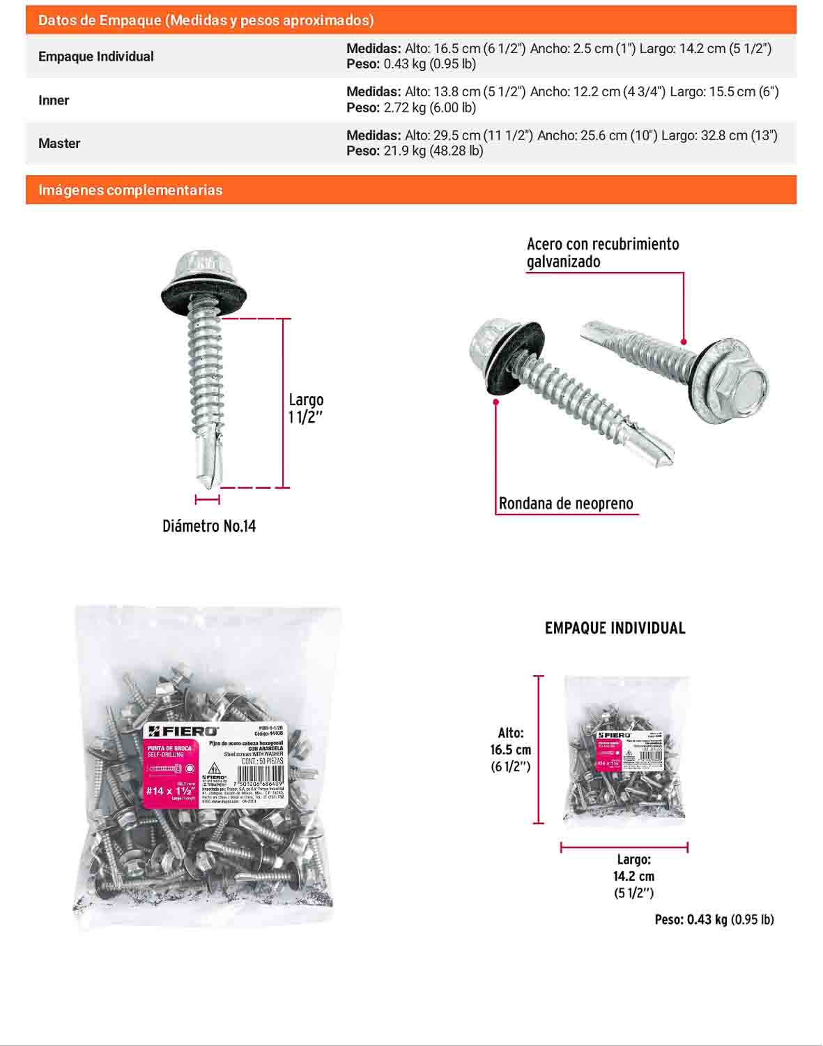 50 Tornillos Hexagonales Punta Broca 14x1-1/2 pulg