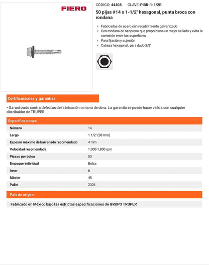50 Tornillos Hexagonales Punta Broca 14x1-1/2 pulg