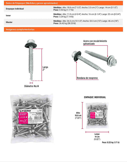 50 Tornillos Hexagonales Punta Broca 14x2 pulg