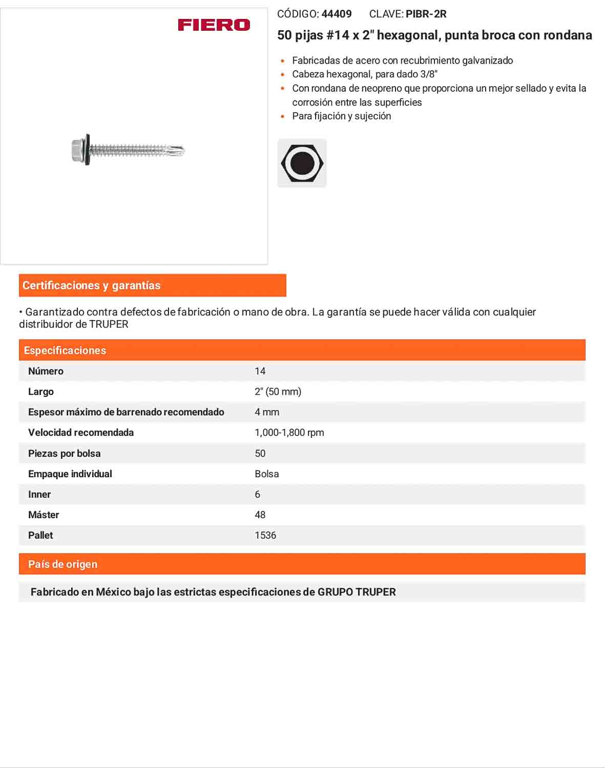 50 Tornillos Hexagonales Punta Broca 14x2 pulg