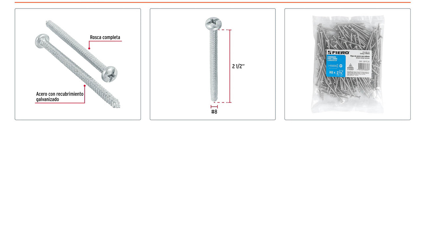 Tornillo gypsum para lamina 8 x 2-1/2 pulg