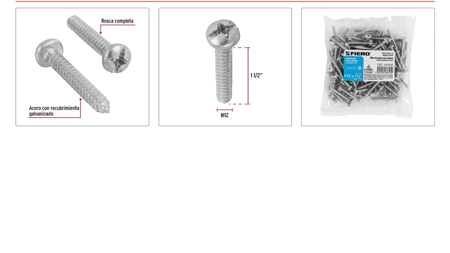 Tornillo gypsum para lamina 12 x 1-1/2 pulg