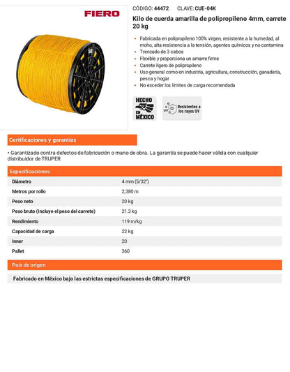 Cuerda Polipropileno 4mm Carrete 20kg