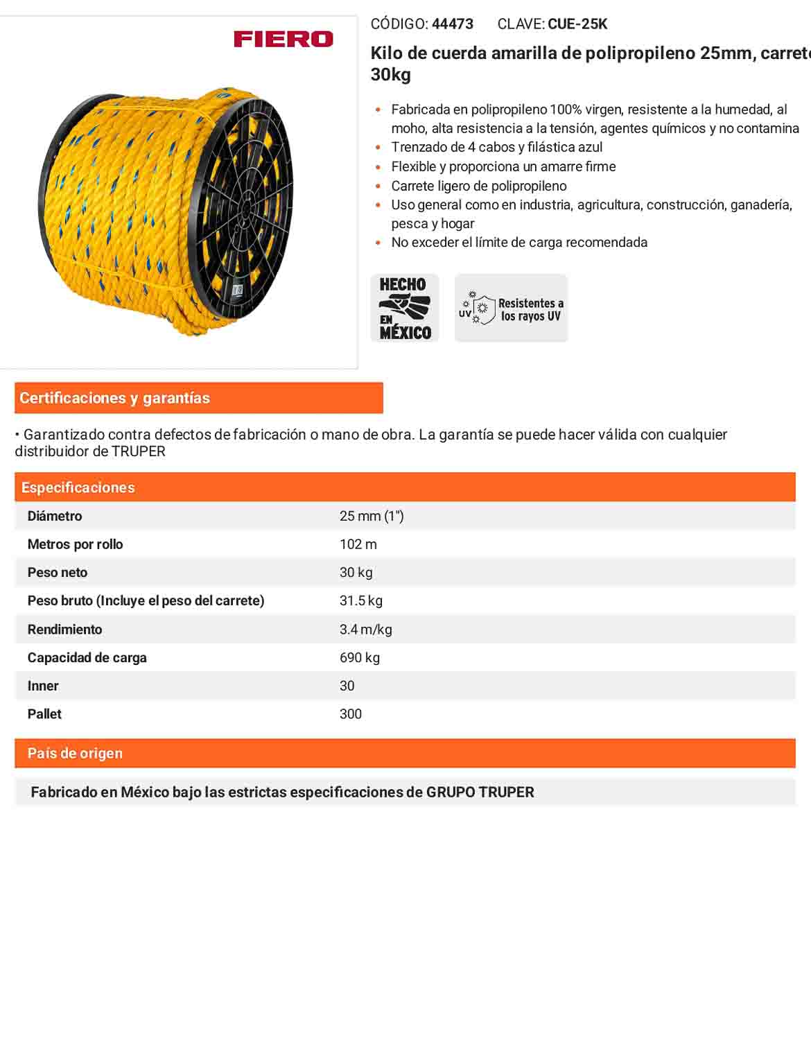 Cuerda Polipropileno 25mm Carrete 30kg