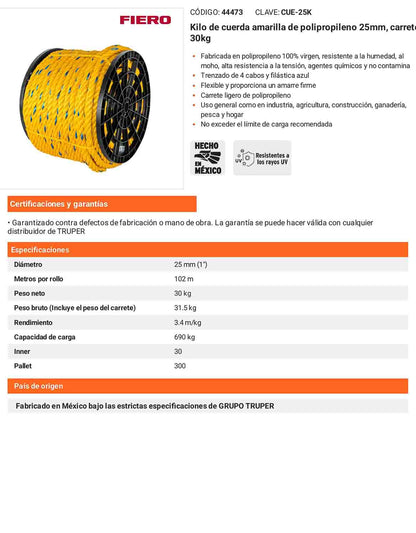 Cuerda Polipropileno 25mm Carrete 30kg