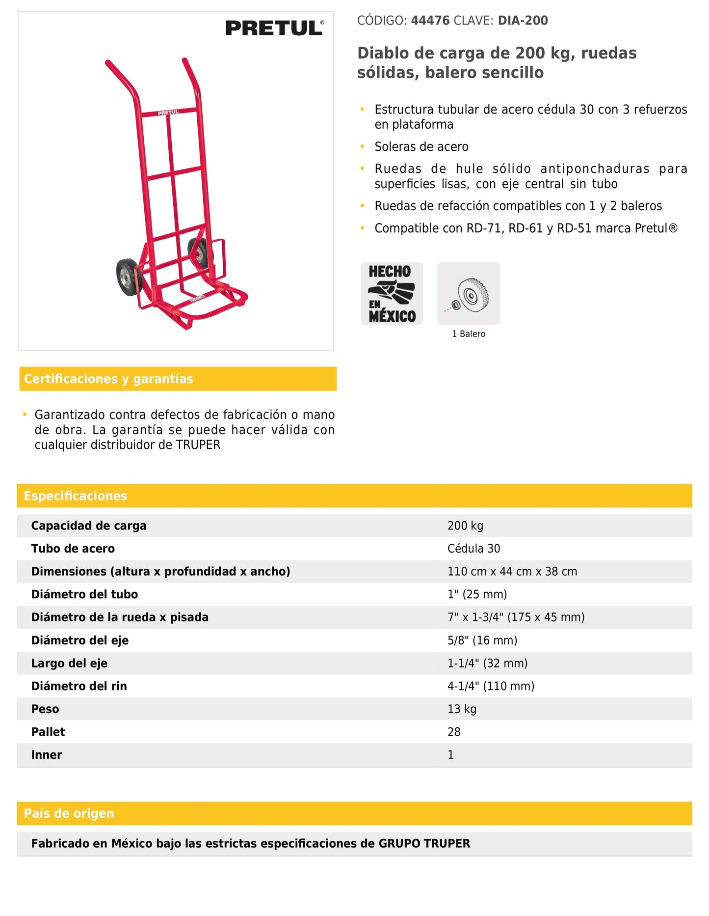 Diablo de carga de 200 kg ruedas sólidas balero sencillo