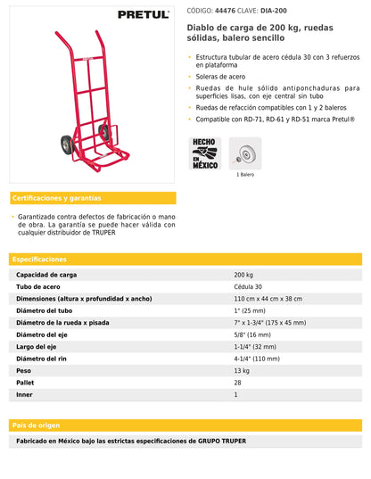 Diablo de carga de 200 kg ruedas sólidas balero sencillo