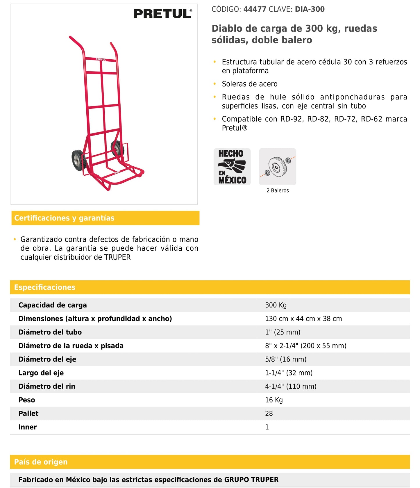 Diablo de carga de 300 kg ruedas sólidas doble balero