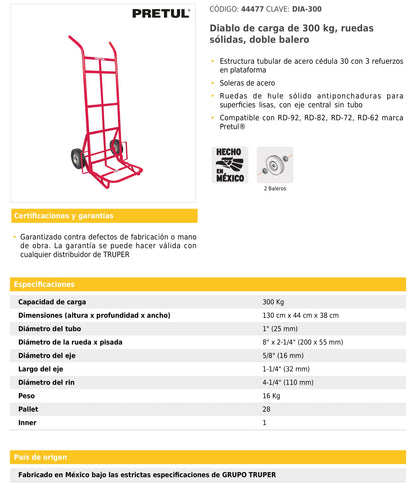 Diablo de carga de 300 kg ruedas sólidas doble balero