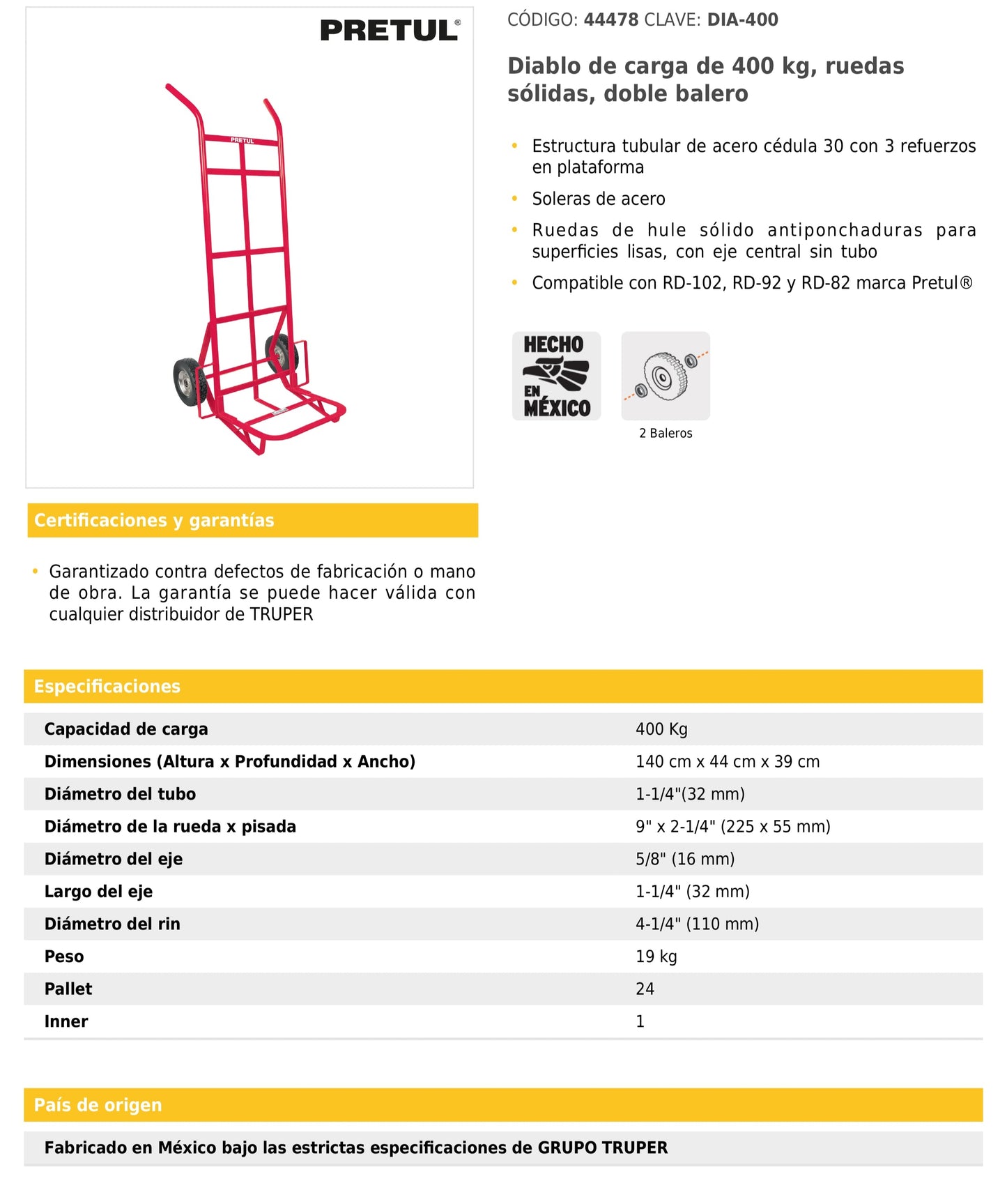 Diablo de carga de 400 kg ruedas sólidas doble balero