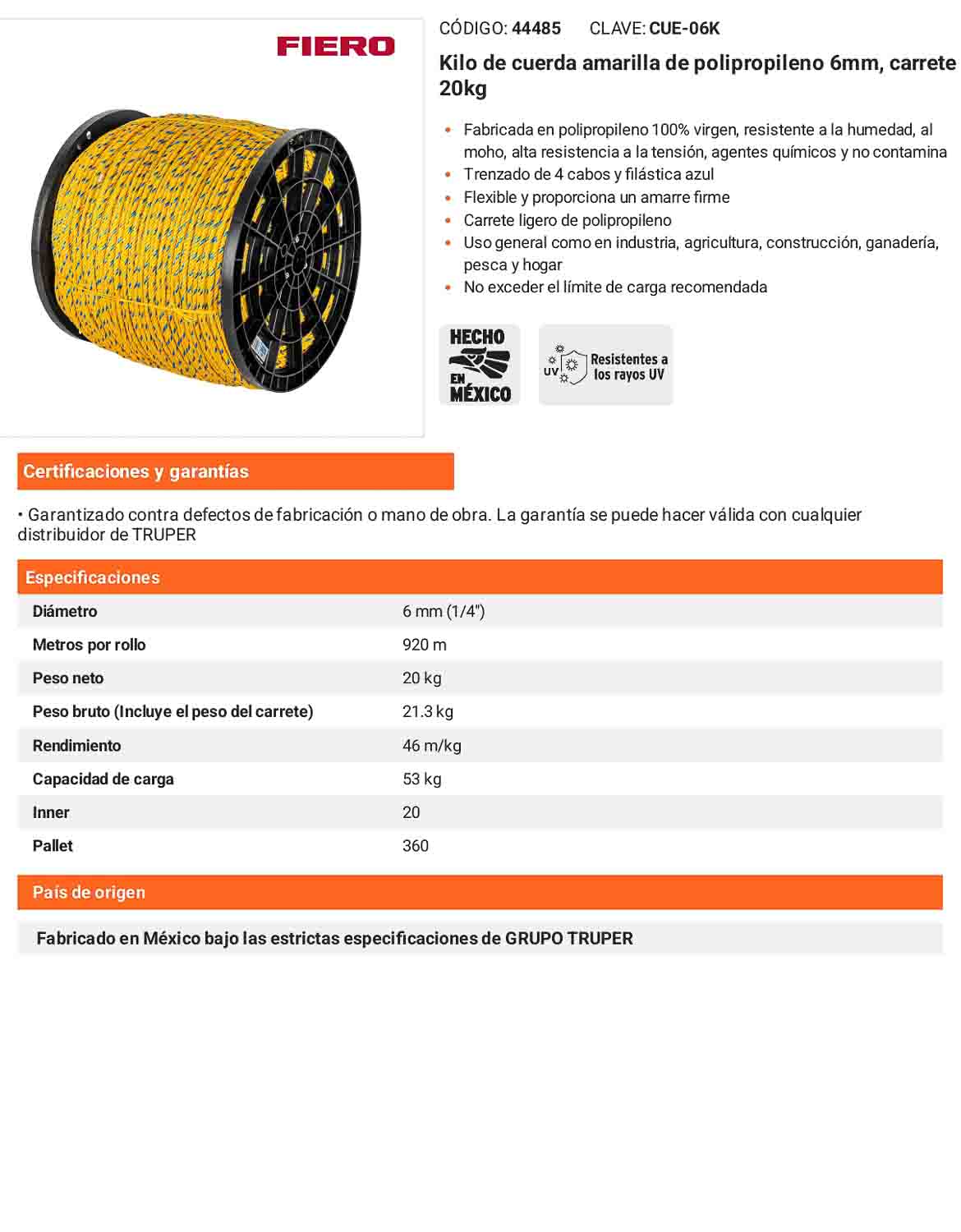 Cuerda Polipropileno 6mm Carrete 20kg
