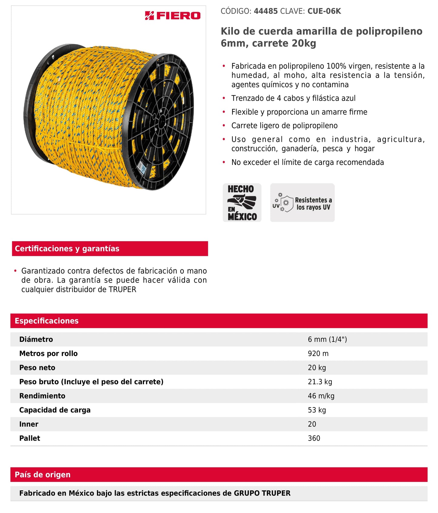 Kilo de Cuerda Amarilla de Polipropileno de 20kg