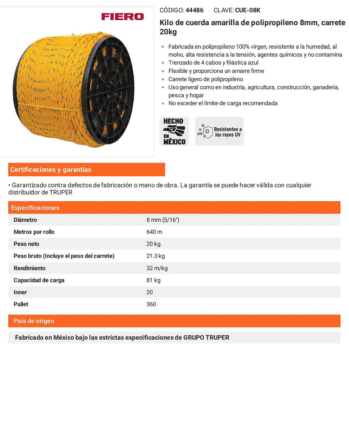 Cuerda Polipropileno 8mm Carrete 20kg