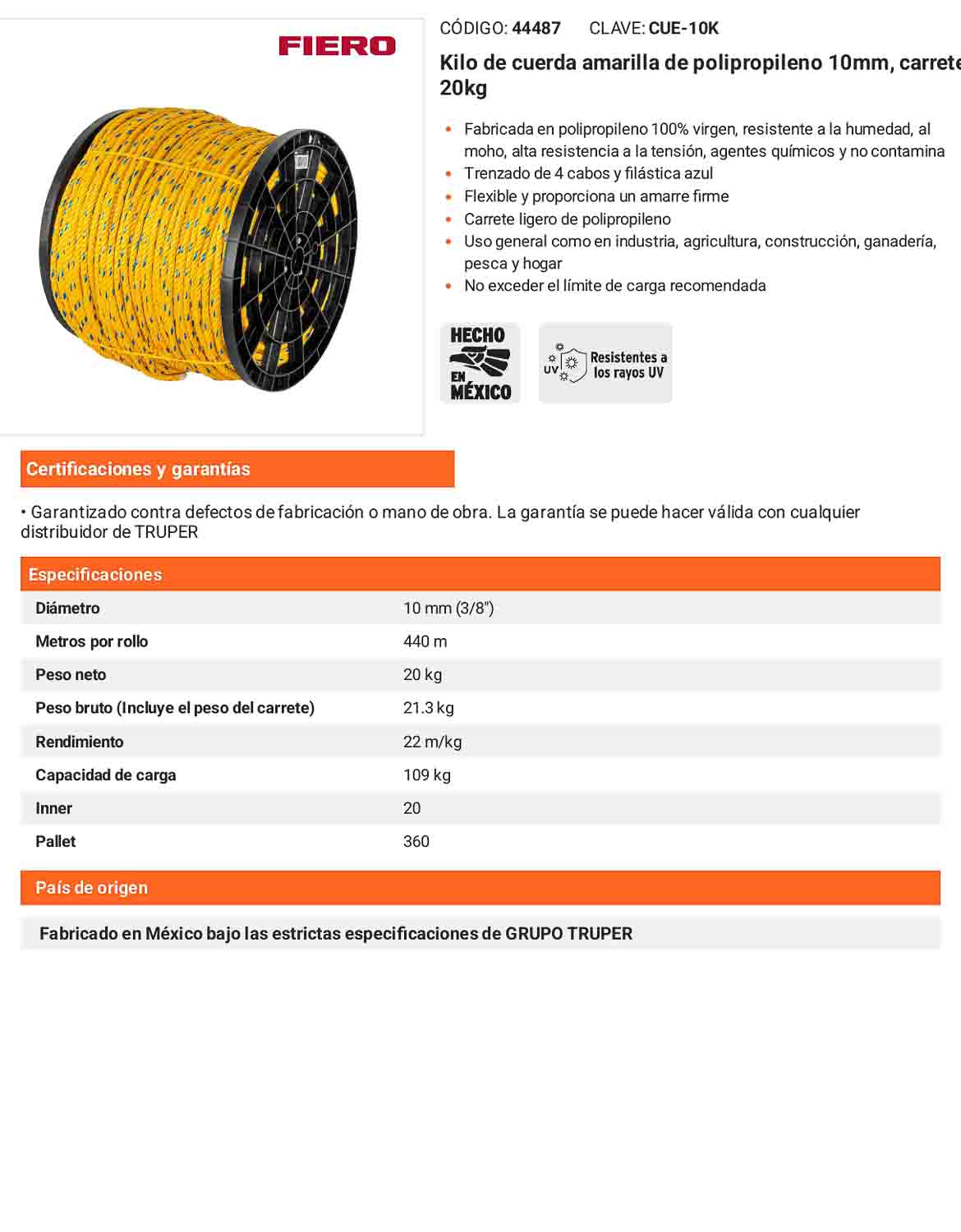 Cuerda Polipropileno 10mm Carrete 20kg