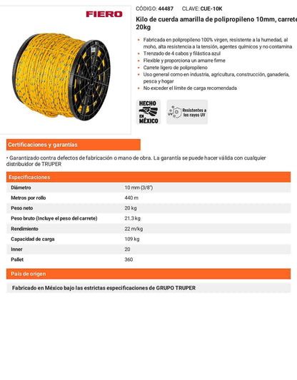 Cuerda Polipropileno 10mm Carrete 20kg