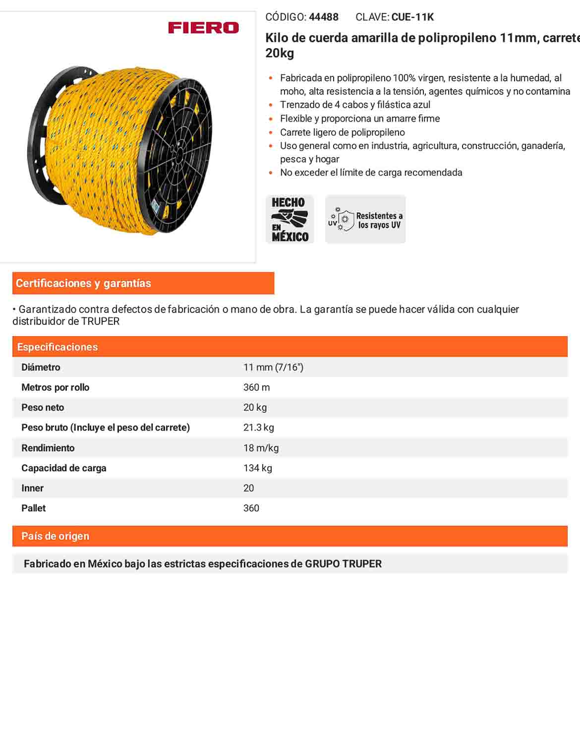 Cuerda Polipropileno 11mm Carrete 20kg