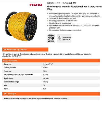Cuerda Polipropileno 11mm Carrete 20kg