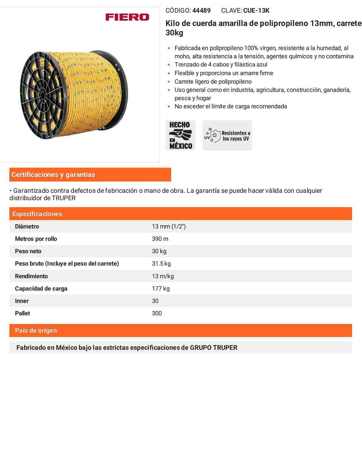Cuerda Polipropileno 13mm Carrete 30kg
