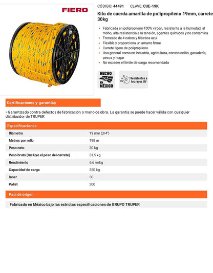 Cuerda Polipropileno 19mm Carrete 30kg