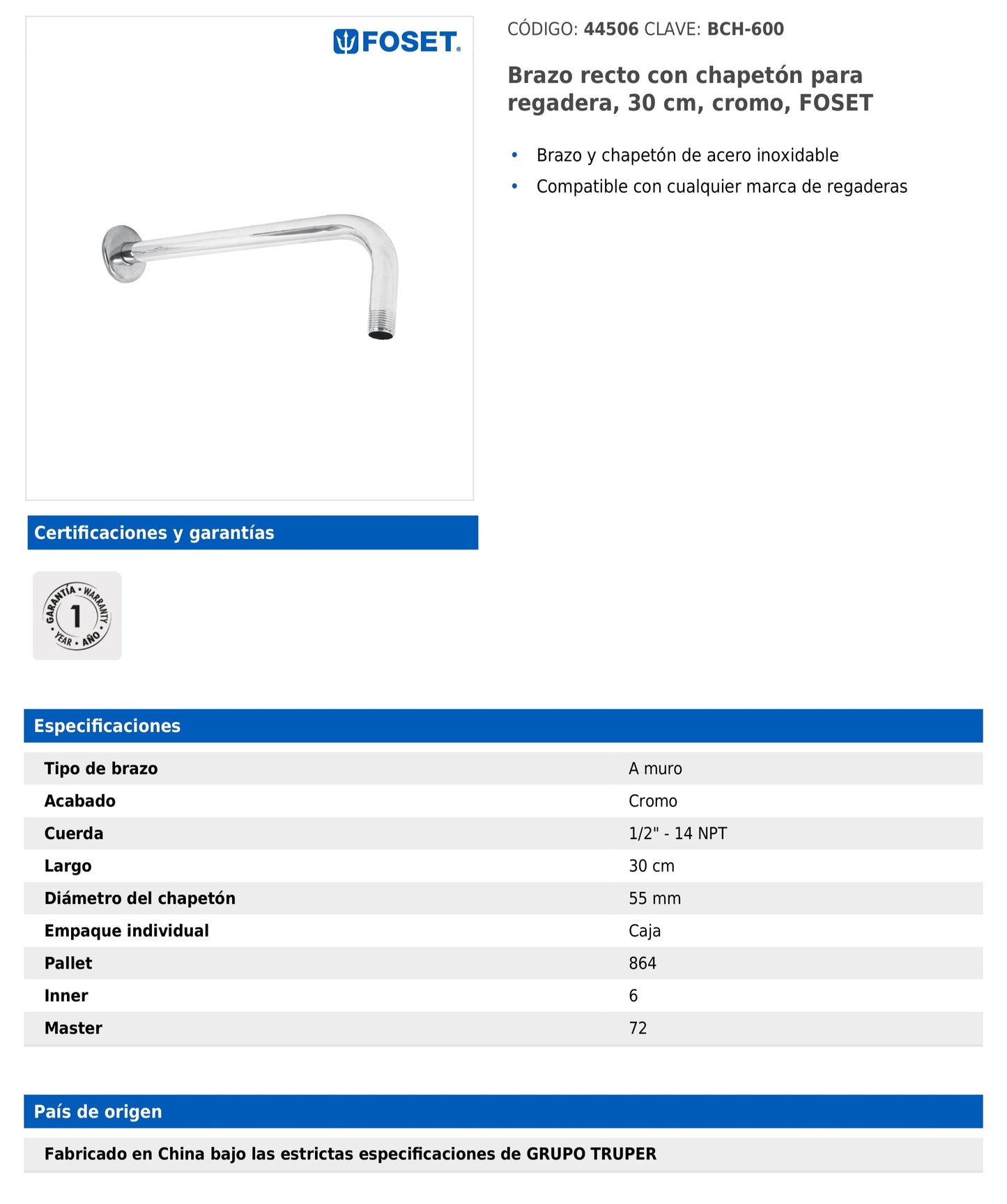 Brazo recto de 30 cm con chapetón para regadera