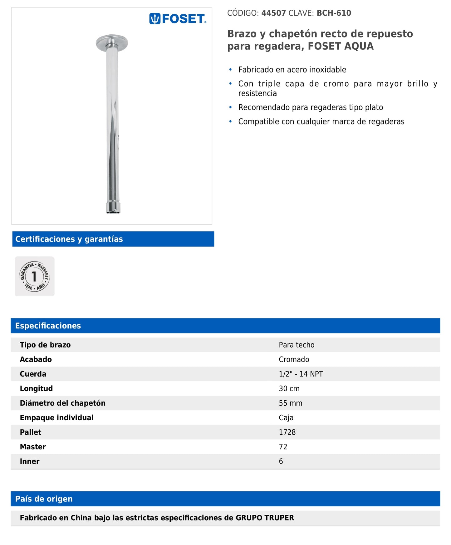 Brazo recto de 30 cm para techo con chapetón