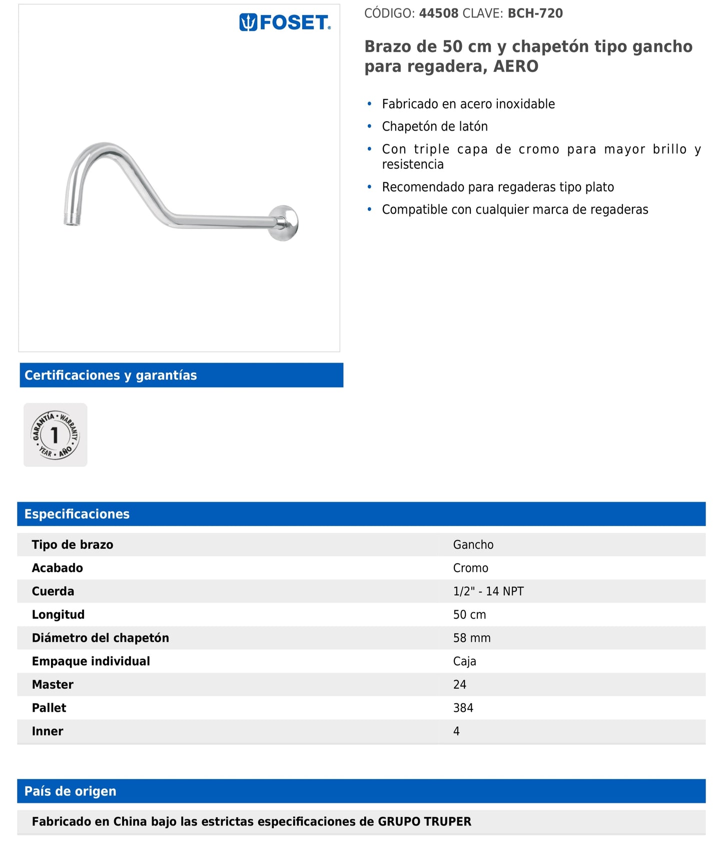 Brazo de 50 cm tipo gancho con chapetón para regadera