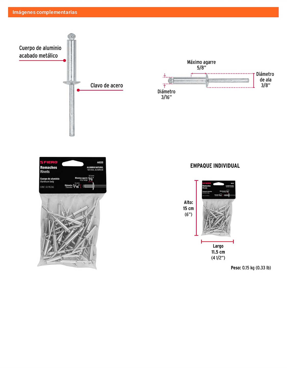 Remaches Aluminio 3/16 x 5/8 Bolsa 50pz
