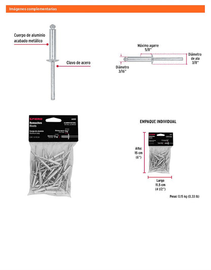 Remaches Aluminio 3/16 x 5/8 Bolsa 50pz