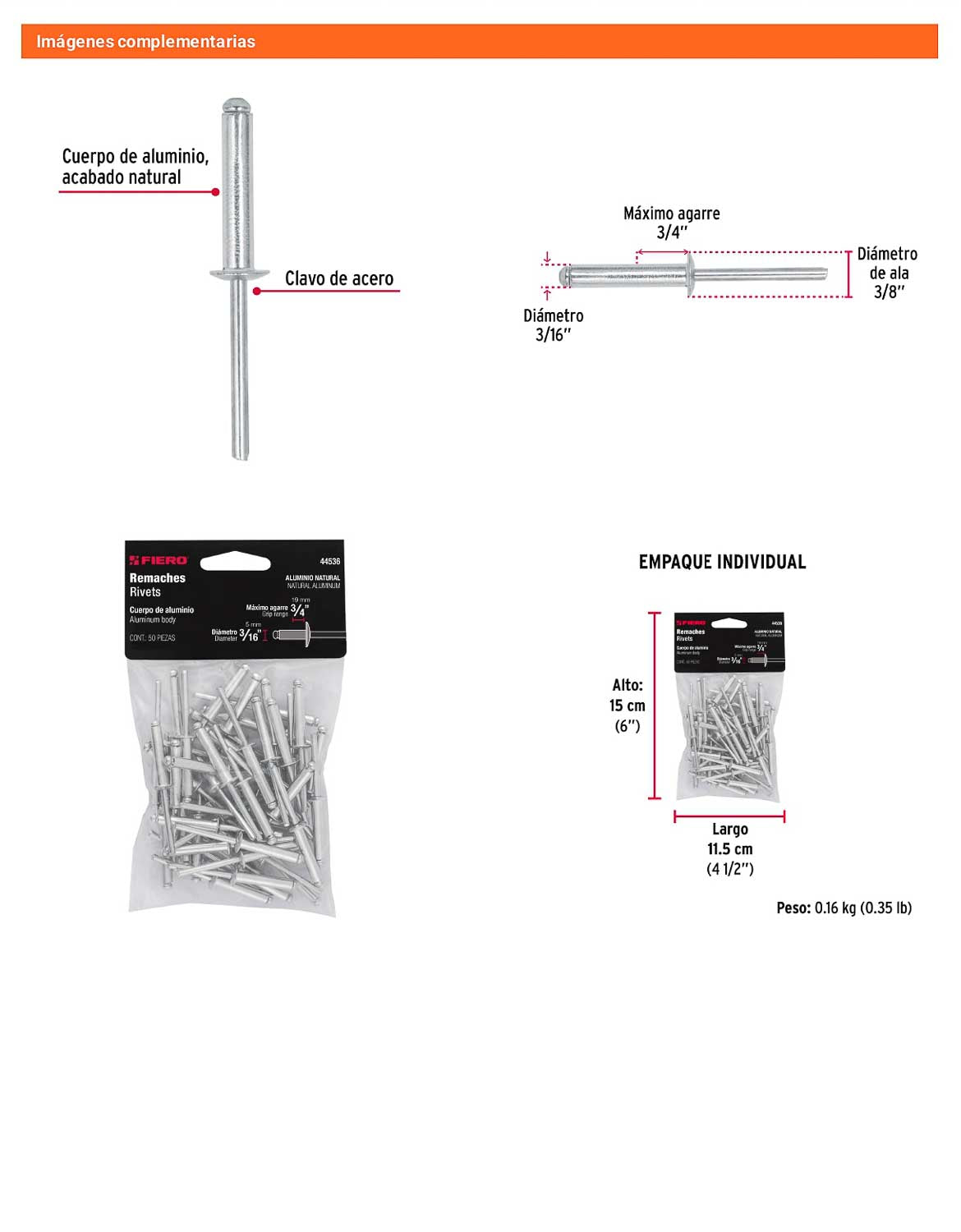 Remaches Aluminio 3/16 x 3/4 Bolsa 50pz