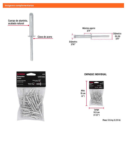 Remaches Aluminio 3/16 x 3/4 Bolsa 50pz