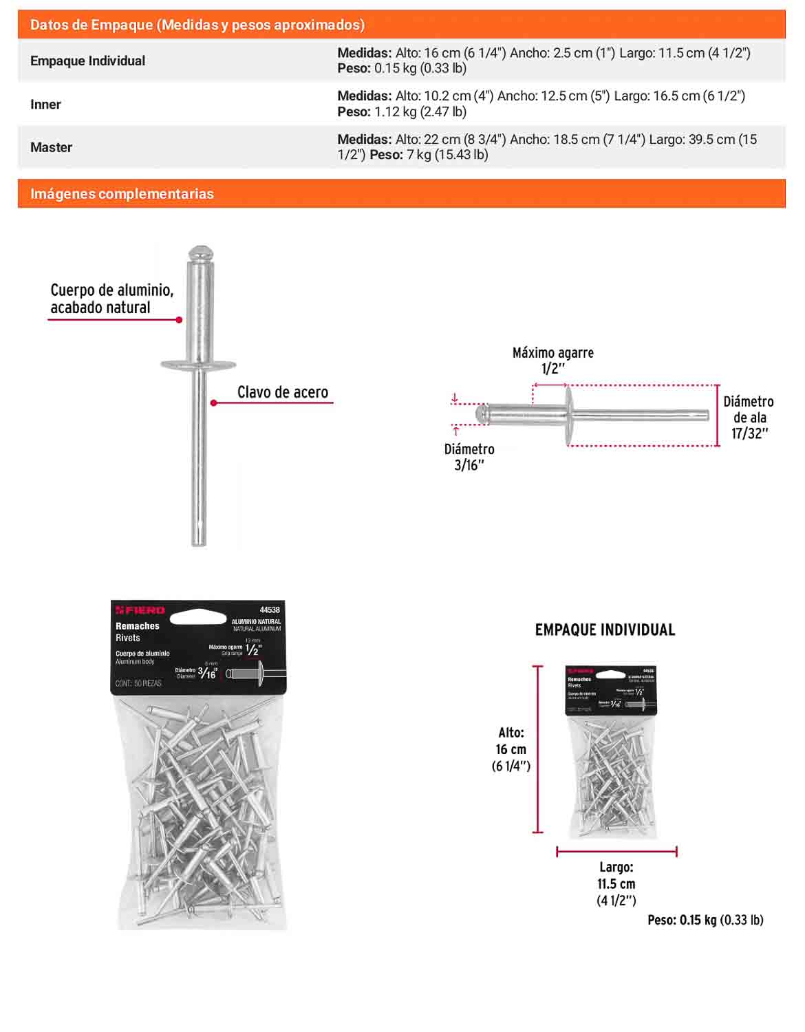 Remaches Aluminio 3/16 x 1/2 Bolsa 50pz
