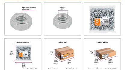 Tuerca hexagonal galvanizada 1/4 pulg